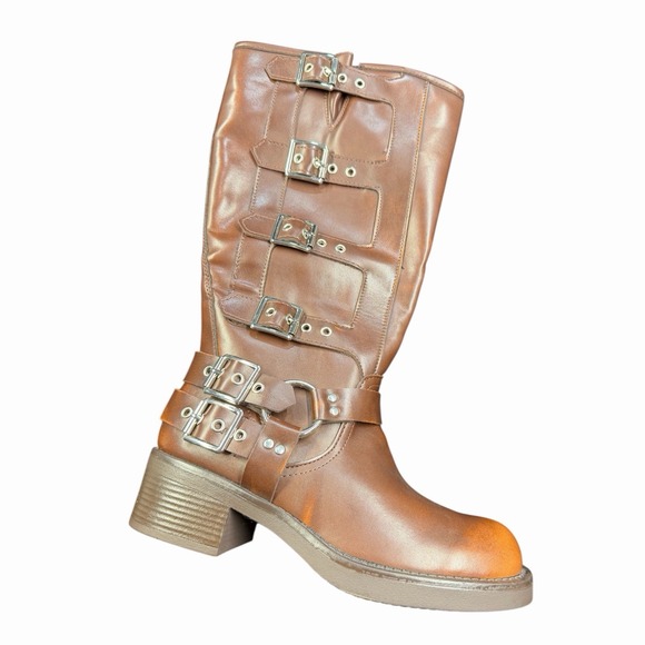 Women's Knee High Riding Biker Boots Buckle Square Toe Chunky Heel Wide Calf - Picture 5 of 9